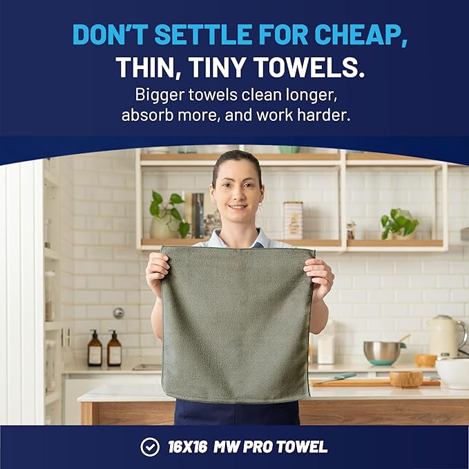 MW Pro Microfiber Cleaning Cloth | Olive | 12 Pack | 16” x 16” | All Purpose Microfiber Towels - Clean Dust Polish Scrub Absorbent