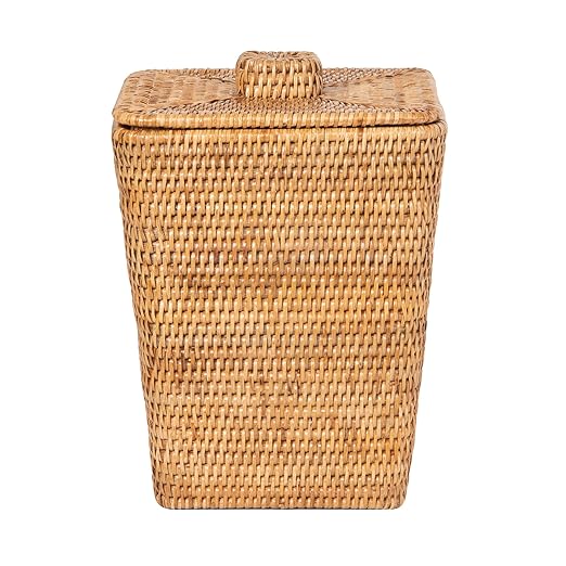 Kouboo Rattan Square Paper Waste Basket and Trash Bin with Lid and Plastic Insert 2 Gallon Capcity Honey-Brown