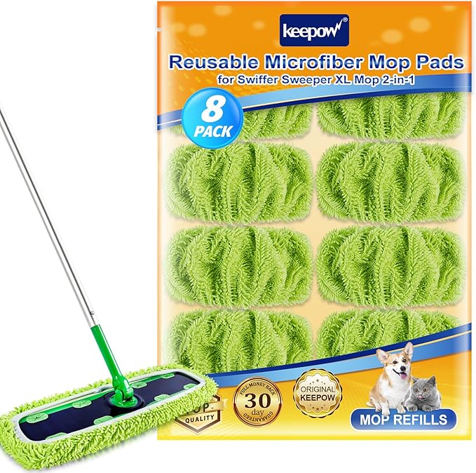 KEEPOW Reusable XL Mop Pads Compatible with Swiffer XL Sweeper XL Dry Sweeping Cloths XL Wet Mopping Cloths Washable Microfiber XL Wet Pads Refills for Surface/Hardwood Floor Cleaning 8 Pack