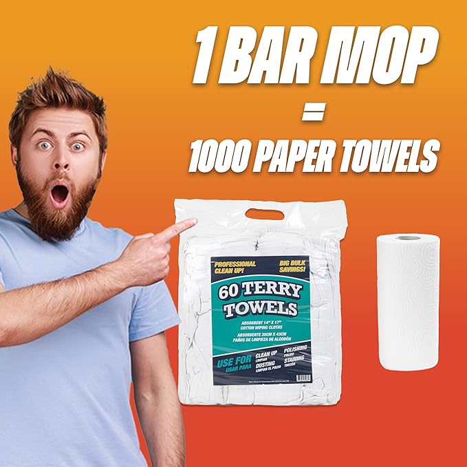 Arkwright TT60 Terry Cloth Rags Pack of 60 100% Cotton Cleaning Towels for Kitchen Auto Shop and Bar Use Absorbent Machine Washable 14 x 17 in White