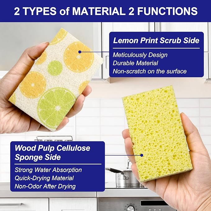 CELOX Grout Brush with Long Handle and 6 Pack Lemon Printed Dual Sided Scrub Dish Sponges