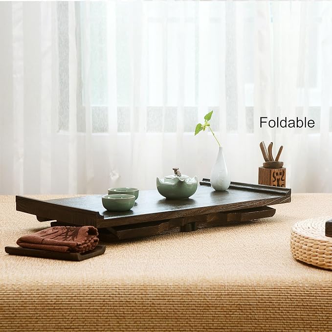 Japanese Wood Floor Table with Foldable Legs - Coffee Tables for Living Room Bed Desk TrayMeditation Altar Laptop Desk