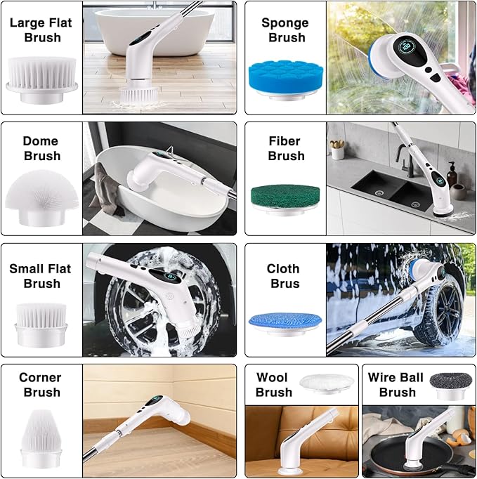 Electric Spin Scrubber Electric Spin Cordless Tub and Tile Scrubber with Voice Broadcasting 3 Speed 9 Replaceable Clean Heads Power Spin Scrubbers