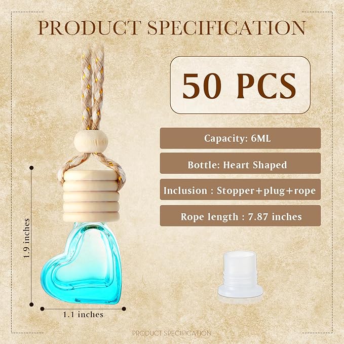 50 Pcs 6ml Hanging Car Air Diffuser Bottle Empty Glass Perfume Air Freshener Heart Love Bottle Diffuser Pendant Valentine's Day Essential Oil Fragrance Aromatherapy Ornament (Multicolor)