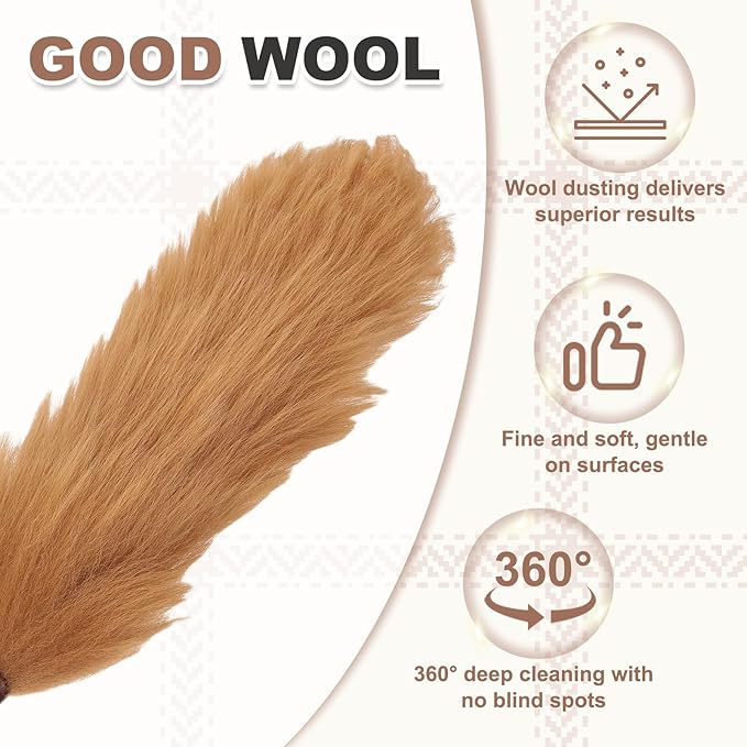 uxcell Wool Duster 20.5 Natural Feather Cleaner Household Cleaning Duster with Solid Wooden Handle for Cleaning Fans Window Blinds Shelves Furniture Light Brown