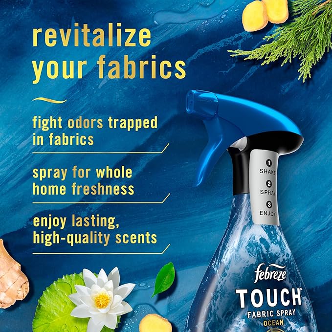 Febreze Touch Fabric Spray Air Freshener Odor-Fighting Fabric Refresher Couch and Linen Spray Sneaker Balls Alternative Ocean and Mountain Scent Multicolor 16.9oz 2ct