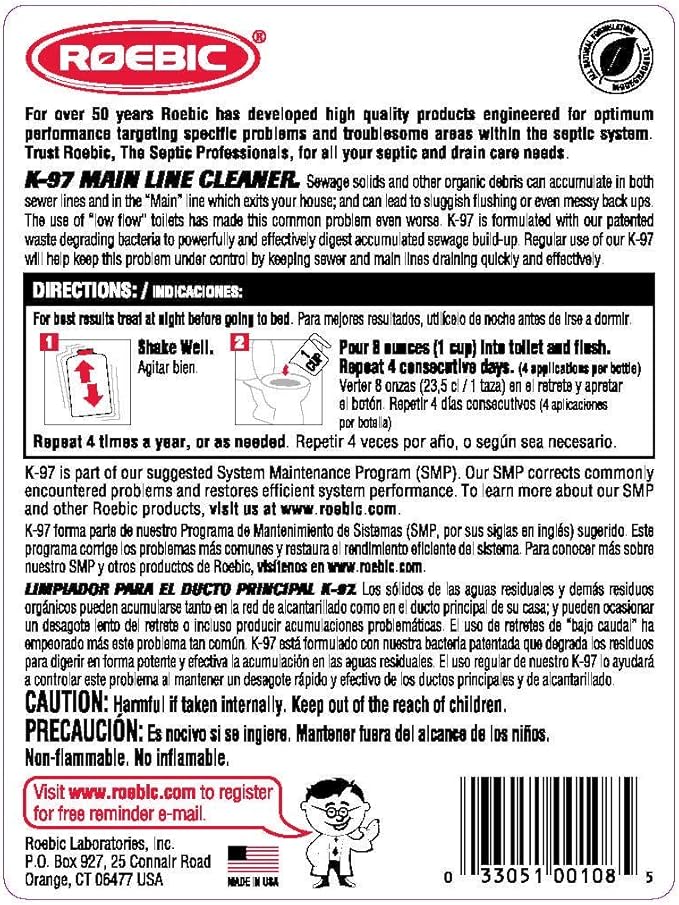 Roebic K-570-Q 32-Ounce Leach And Drain Field Opener Concentrate &amp K-87 Soap Destroyer Exclusive Bacteria Eliminates Buildup in Septic Tank Pipes 32 Ounces &amp K-97 Main Line Cleaner 32 Ounce