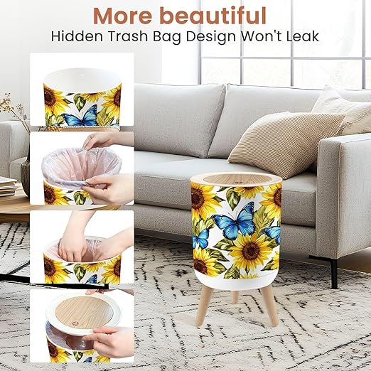 Bathroom Trash Can with Lid Beautiful Seamless Sunflowers Blue Butterflies White Garbage Bin Waste Basket for Kitchen Office Bedroom Decoration Diaper Pail 1.8 Gallon