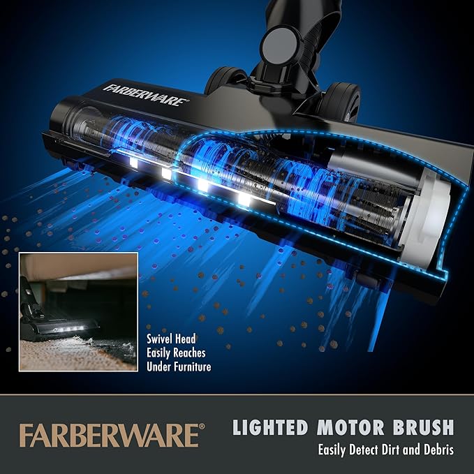 Farberware Cordless Elite Stick Vacuum Cleaner Powerful Suction 3 Speeds for Carpet and Hard Floors Handheld Vacuum for Pet Hair LED Screen