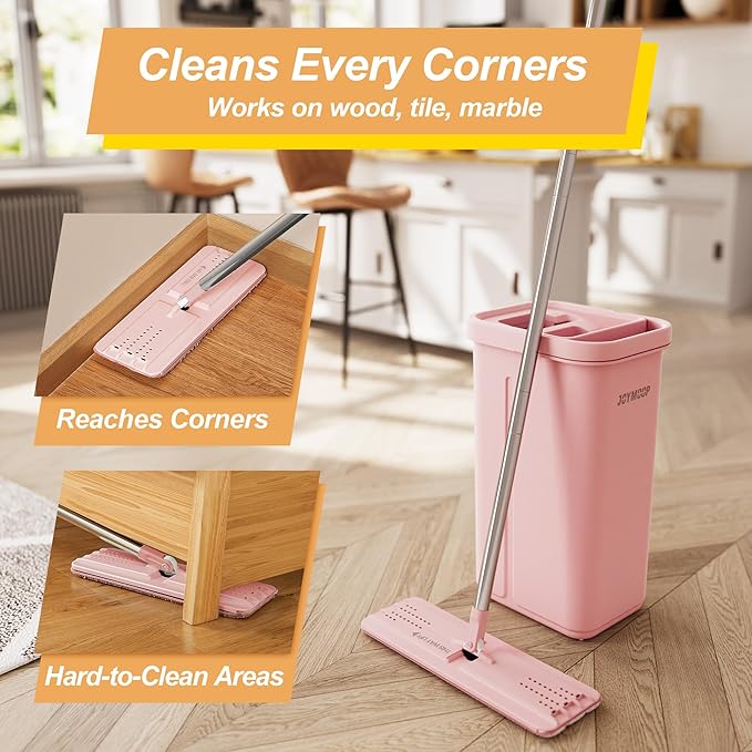 JOYMOOP Pink Mop and Bucket with Wringer Set for Home with 3 Reusable Microfiber Mop Pads Hands-Free Self-Cleaning System Suitable for Floor Cleaning and Wall Cleaner