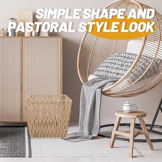 ARTIBETTER Woven Waste Basket Handcrafted Trash Can with Hollow Design 13.5 Inch Light Brown Woven Wastepaper Bin for Home Bathroom Kitchen Storage and Organization