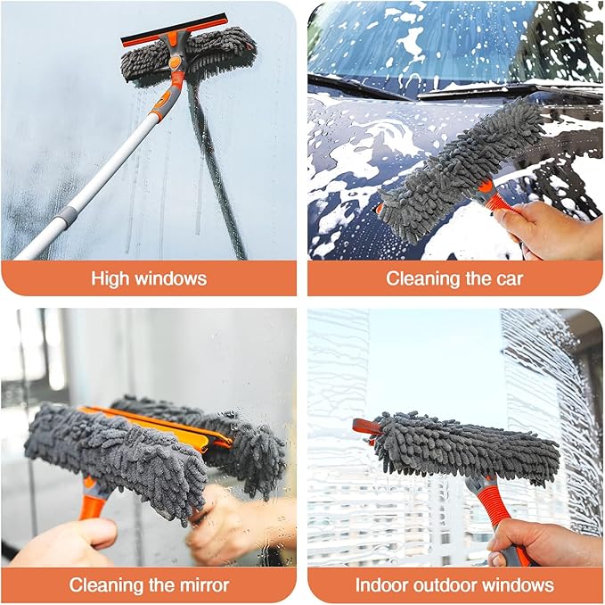 Eazer Squeegee Window Cleaner Tool 2 in 1 Rotatable Window Cleaning Squeegee Kit with Extension Pole 62'' Window Washing Kit Bendable Head for Car Glass - 2 Scraper