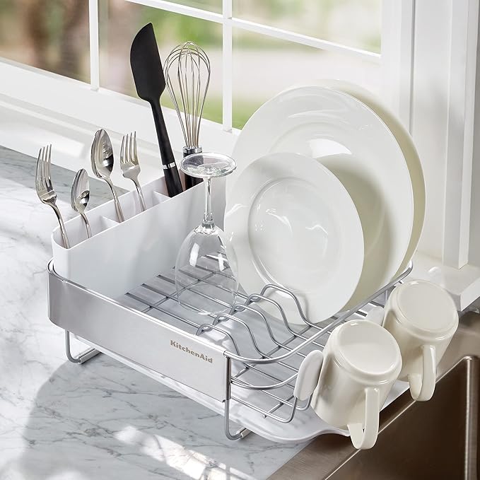 KitchenAid Compact Satin Wire Rust Resistant Expandable Dish Rack with Angled Self Draining Drainboard with Removable Flatware Caddy 23.18-Inch Gray