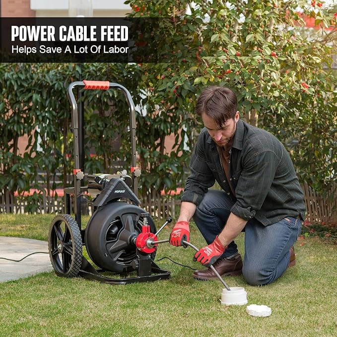 100 ft x 1/2 inch POPULO Auto Feed Electric Drain Snake Auger for 2 to 4 Inch Pipes Sewer Plumbing Snake Auger Heavy Duty Drain Cleaner Machine with 8 Cutters &amp 1 Root Killer &amp Gloves