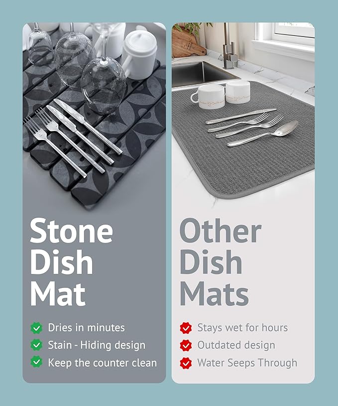 Large Stone Drying Mat for Kitchen Counter 23.6 x 15.3 Quick Dry Foldable Diatomaceous Earth Dish Drying Mat Stain-Hiding Design Eco-Friendly Large Sink Mat for Dishes and Utensils