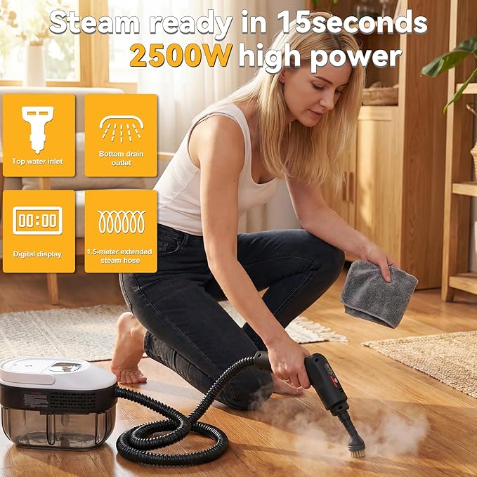 2500W Portable Handheld Steam Cleaner54oz Large Capacity3-Level Adjustable Handle15s Fast Heating Steamer for Cleaning with 20 Pcs AccessoriesPlug-and-Play Steam Cleaner for HomeCarKitchenMore