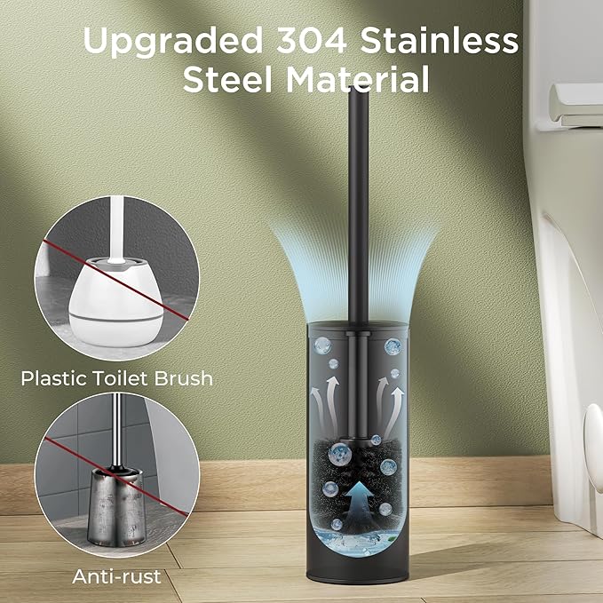 Toilet Brush and Holder Set Toilet Bowl Brush with Heavy Duty 304 Stainless Steel Base and Extra Long Handle Toilet Bowl Cleaners Brush for Bathroom (Matte Black)