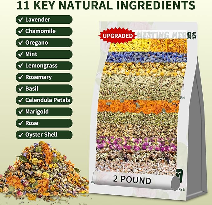 Chicken Nesting Herbs 32 oz – 11 Natural Dried Herb Blend with Marigold for Chicken Coop &amp Roost Refresh Nesting Box &amp Dust Bath Supports Natural Nesting Behavior