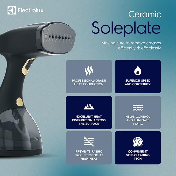 Electrolux Steamer for Clothes 1500 Watt Portable Handheld Fabric and Garment Steamer with Lint Remover &amp Fabric Brush Ultra-Fast Heat Up 18 Min Continuous Steam for Powerful Wrinkle Remover B