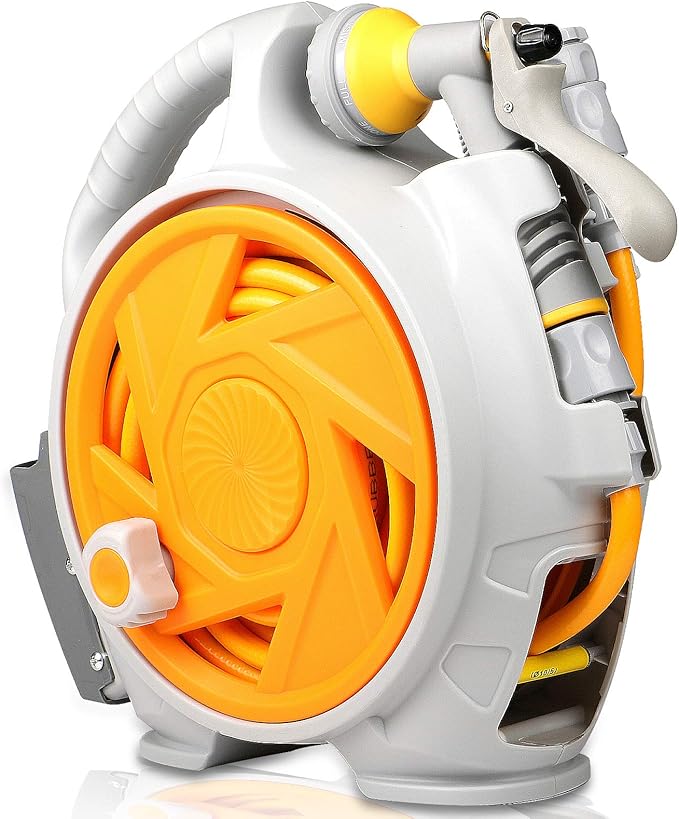Garden Retractable Hose Reel Portable Simple Home Hose Reel 45+5 FT with 7 Patterns Spray Nozzle Wall Mounted and Any Length Lock for Garden Watering Car Washing Pet (Orange)