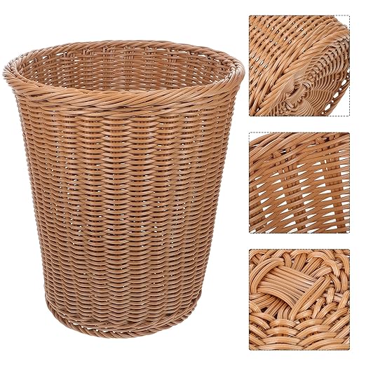 SAFIGLE Simulated Rattan Woven Wastebasket Rust-Resistant Iron Trash Can for Office Home Bedroom Handwoven Basket Without Lid Compact Stylish Decor in Beige