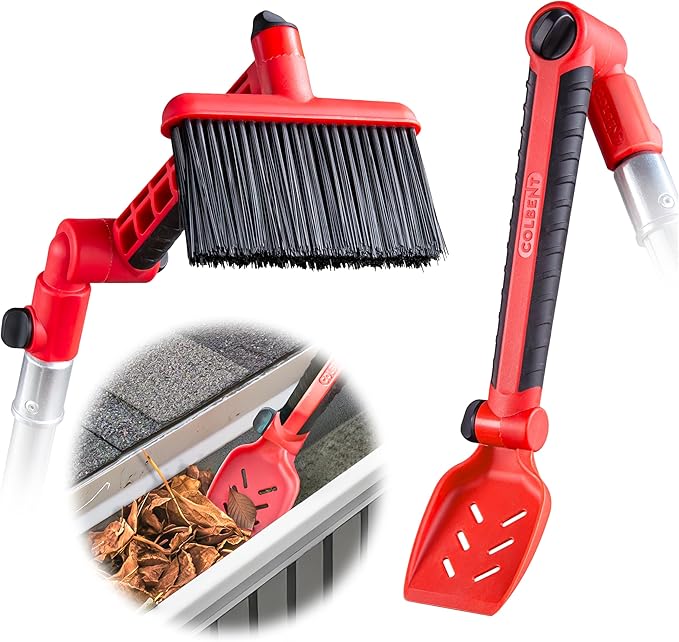 Multi-Angle Gutter Cleaning Tools from the Ground - Gutter Cleaner tool attachment for Threaded Poles - Gutter Scoop &amp Brush for rain gutter cleaning and leaf removal from Gutter Guard