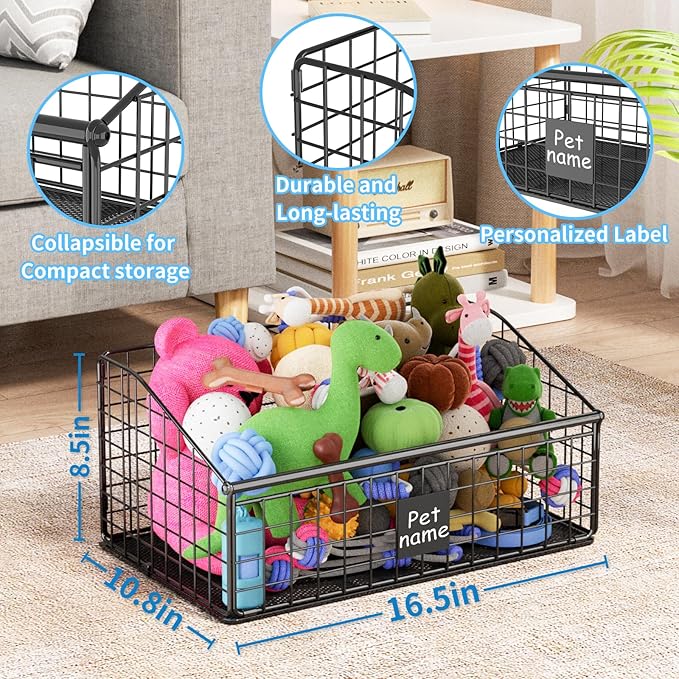 Indestructible Dog Toy basket Medium Toy Box for DogsPet Toy Bin Dog Metal Basket for Toys Toy Storage Organizer Toy Box for Living Room Area (Black)