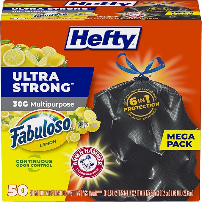 Hefty Ultra Strong 30 Gallon Trash Bags Large Trash Bags 30 Gallon Size Multipurpose Break Resistant Drawstring Closure Resists Leaks Punctures and Tears Black Fabuloso Lemon Scent 50 Bags