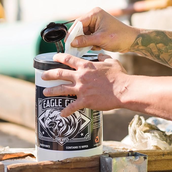 Eagle Grit Heavy Duty Cleaning Wipes – 72 XL Pre-Moistened Degreasing Hand &amp Tool Wipes – 10”x12” Industrial Strength Shop Towels – Removes Grease Oil Ink Adhesives &amp Grime – USA Made