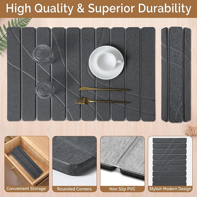Large Stone Dish Drying Mat for Kitchen Counter2 PCS Quick Dry Stone MatsFoldable Water Absorbing Diatomaceous Drying Pad for Countertop Bottles Utensils Cups (Flow Line Dark Gray 24x16 &amp 8x4