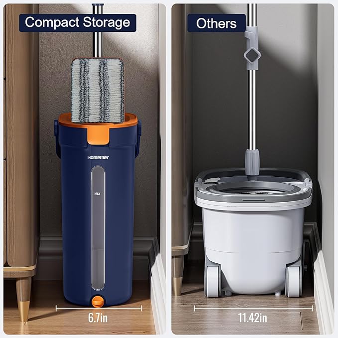 Mop and Bucket Set with Wringer 3-Tank Flat Mop and Bucket System Wall Mop Cleaner with Long Handle Hands Free Mops for Floor Cleaning with 6 Microfiber Pads