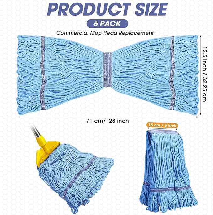 6 Pack Heavy Loop End Cotton String Mop Head Heavy Duty Mop Head Commercial Refills Mop Head Replacement for Home Industrial Commercial Floor Cleaning(Blue Orange)