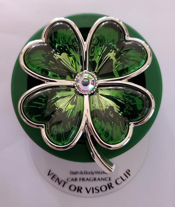 Bath and Body Works Green Shamrock Lucky Four-Leaf Clover Charm Gemstone Car Visor Fragrance Holder Easy To Open