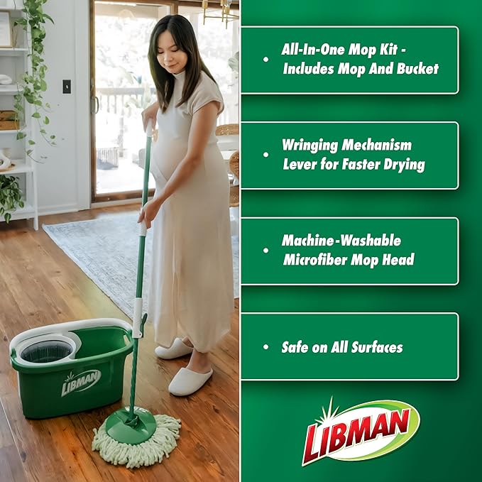 Libman Tornado Spin Mop System with Refill Heads Microfiber Spinning Mop and Bucket with Wringer Set for Home Floor Cleaning of Hard-Wood Laminate Tile All Surface Cleaner