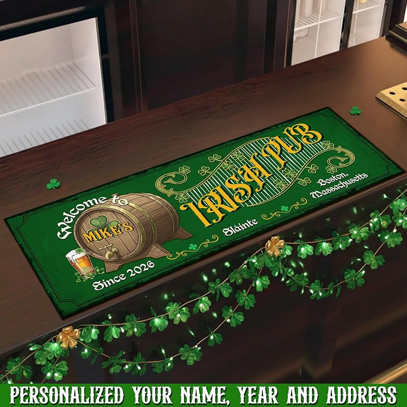 Personalized Irish Bar Mat St Patrick's Day Decor Bar Basement Lucky Shamrock Spill Barmat Dish Drying Mat Irish Decor (03)