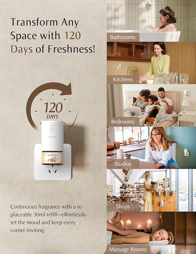 SF101 Pro Plug In Air Freshener Waterless Essential Oil Diffuser Non-Toxic Aroma Diffuser Adjustable 120-Day Natural Scent Mist Covers 1000 Sq Ft- Free 30ml Citrus Grove Essence