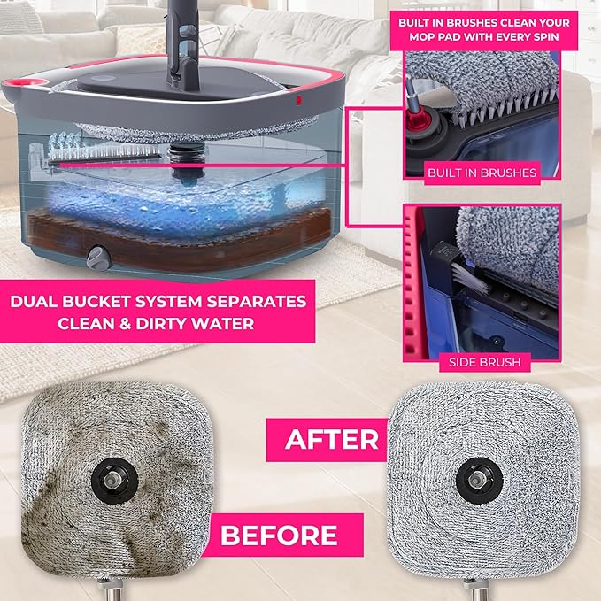 Heavy Duty Square Spin Mop for Floor Cleaning Separate Compartment for Clean and Dirty Water Use Any Cleaning Solution Self Cleaning Machine Washable Pads