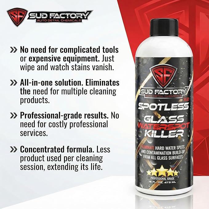 Sud Factory Hard Water Spot Remover for Glass Spotless X2 - Removes Water Stains from Shower Doors Car Windows Windshields - Professional Strength 16oz