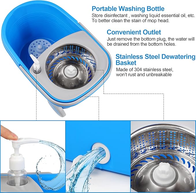 Mop Bucket with Wringer Set Extended Stainless Steel Handle 3 Microfiber Replacement Mop Head Refills 2 Wheels for Household Cleaning Hardwood Floor Tiles Blue/Gray