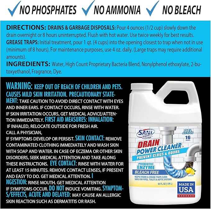 Sani 360 Drain Power Cleaner and Maintenance Enzyme Probiotic Odor remover Drain and Garbage Disposal Cleaner Flush Away Grease Soap Scum Lemon scent Septic safe. 16 uses Made in the USA