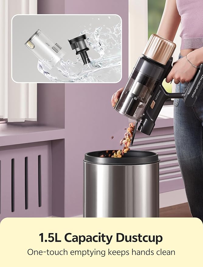 Ultenic Cordless Vacuum Cleaner 600W 60KPA 65mins Vacuum Cleaners for Home Cordless Stick Vacuum with Green Light Self-Standing &amp 180° Lay-Flat Anti-Tangled Brush for Floor/Carpet/Pet Hair