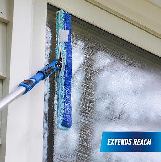 Unger Professional Connect and Clean 18” Grip Microfiber Window Scrubber with 8’ Pole High-Access Glass Surface Household Cleaning Supplies and Tools Reusable Microfiber Sleeve