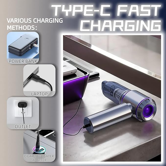 Handheld Car Vacuum Cleaner 21000PA Rechargeable High Power Cordless Mini Vacuum Cleaner and Blower 4-in-1 with 3 Gear Vacuum with Brushless Motor for Car Home Office PC