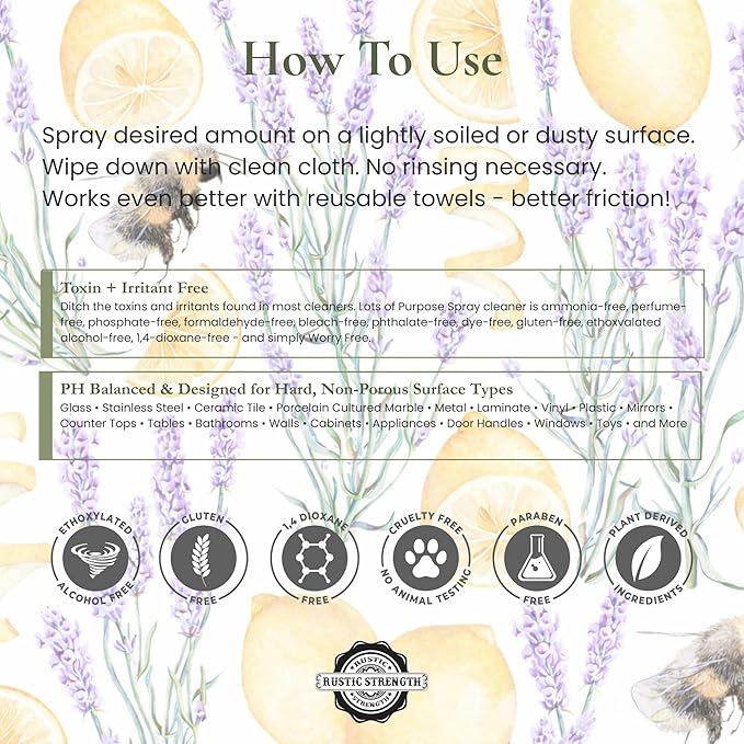 Rustic Strength Lots of Purpose Spray Cleaner with Lavender and Lemon Essential Oils Non-Toxic Plant Based Multi-Surface Gallon Plastic