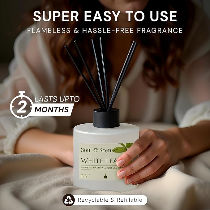 Soul &amp Scents Reed Diffuser Set – White Tea | 7.43 oz Refillable Scented Oil with 6 Fiber Sticks | Long-Lasting Home Fragrance &amp Air Freshener for Bedroom Bathroom Office | Gift &amp Décor