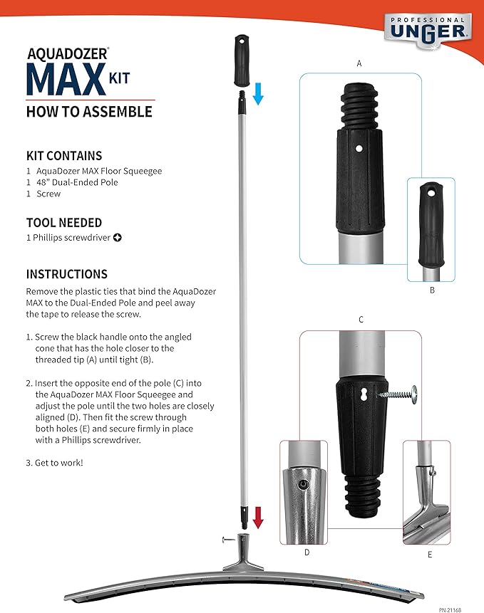 Unger Professional AquaDozer Max Kit 36” Smooth Surface Curved Floor Squeegee and 48” Dual End Pole Rubber Blade Scrubber and Broom for Concrete Asphalt and Tough Cleaning Jobs