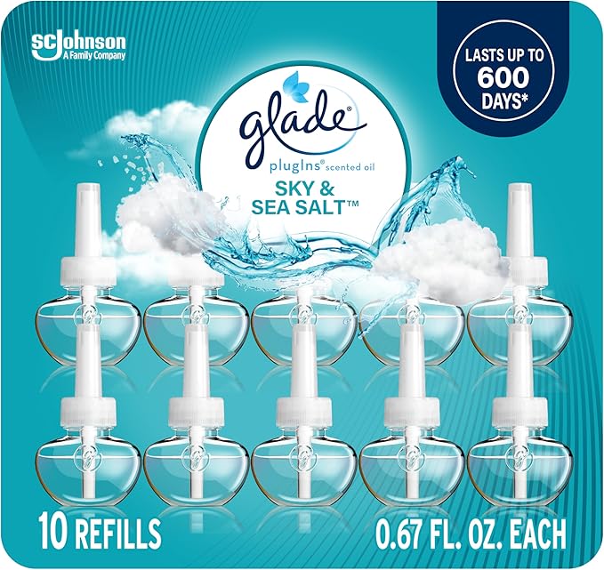 Glade PlugIns Refills Air Freshener Sky &amp Sea Salt Scented and Essential Oils for Home and Bathroom 0.67 Fl Oz 10 Count