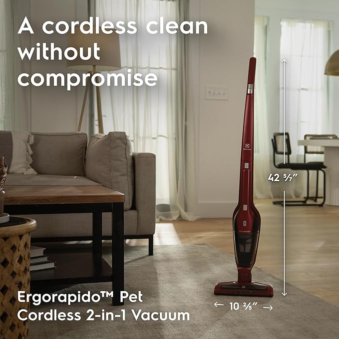 Electrolux Ergorapido Pet Cordless 2-in-1 Vacuum Cleaner with Motorized Pet Nozzle for Easy Pet Hair Removal 48-Minute Run Time 2 Power Modes Chili Red