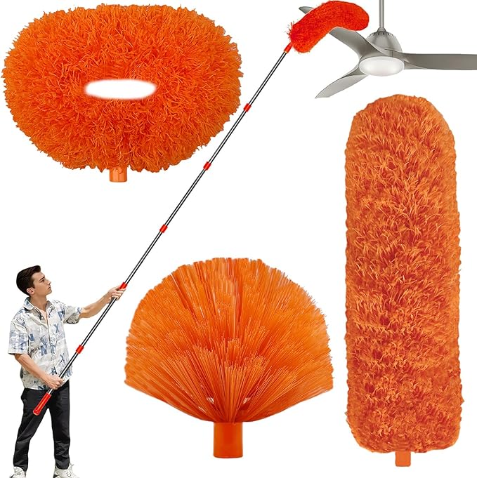 20 Ft+ High Reach Cleaning Tool Kit - Microfiber Feather Ceiling Fan Duster &amp Cobweb Duster with 3-14 ft Spliceable Pole Duster for Cleaning Fan Spider Web Ceiling Blinds Furniture Clean