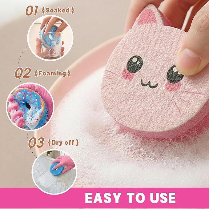 Bulimumu Kitchen Sponge Composite Swedish Dish Clothes Cute Cat Set Dual-Action Scrubber with Smart-Response Layer Non-Scratch Dishwashing Sponges(6 Pack)